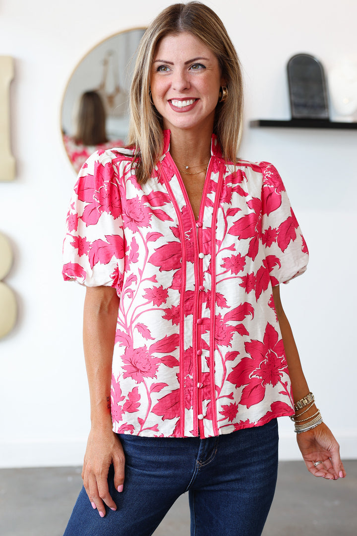 Button Front Printed Top - Dark Pink