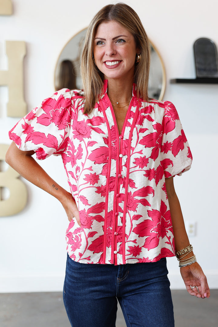 Button Front Printed Top - Dark Pink