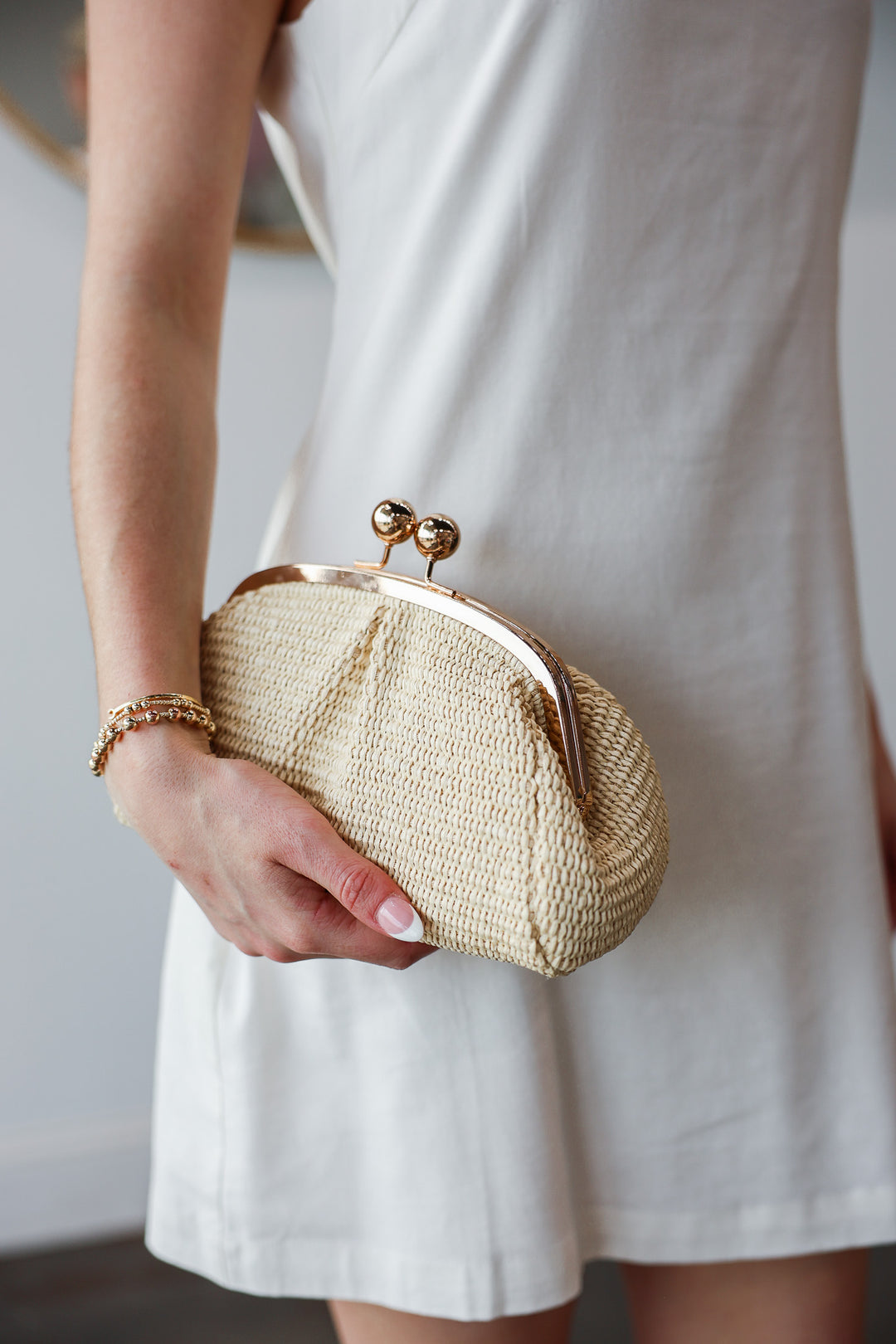 Genuine Italian Leather Raffia Clutch + Crossbody - Beige
