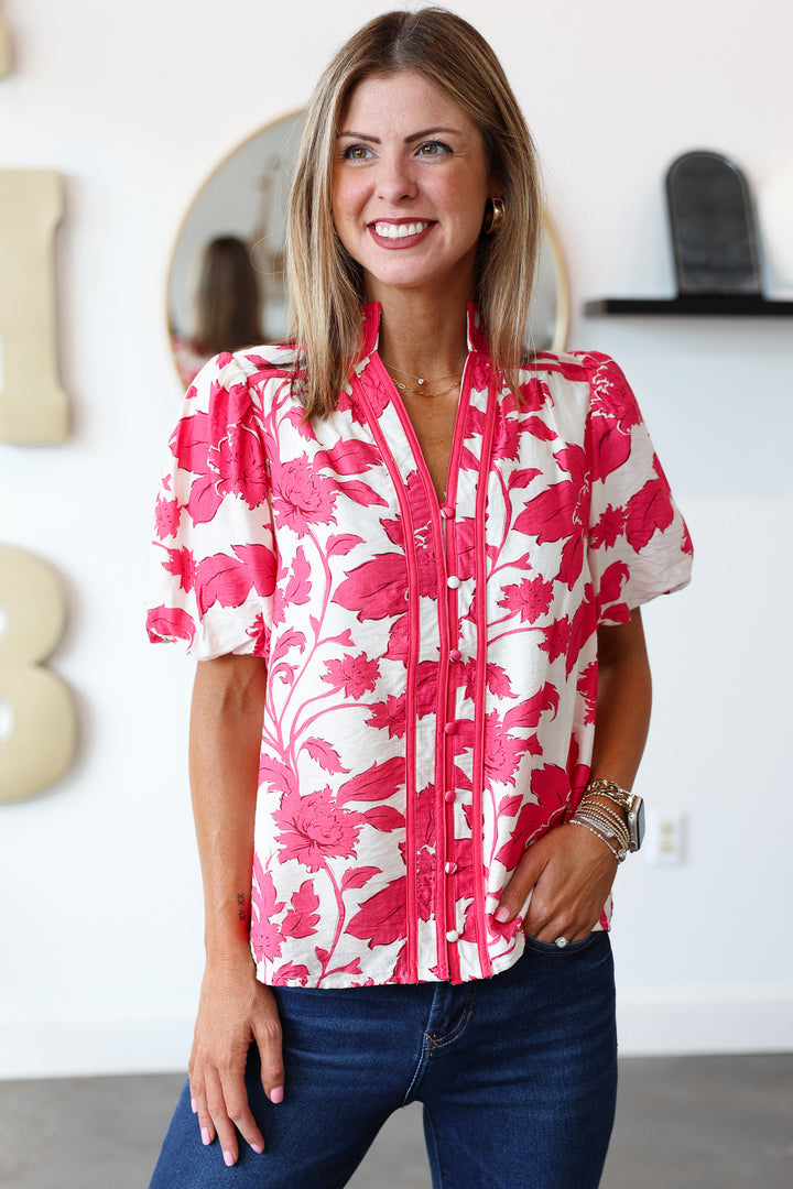 Button Front Printed Top - Dark Pink