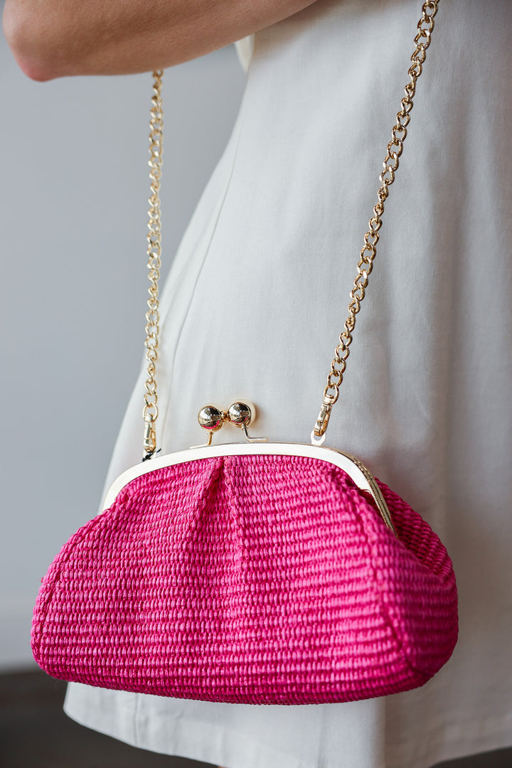Genuine Italian Leather Raffia Clutch + Crossbody - Hot Pink