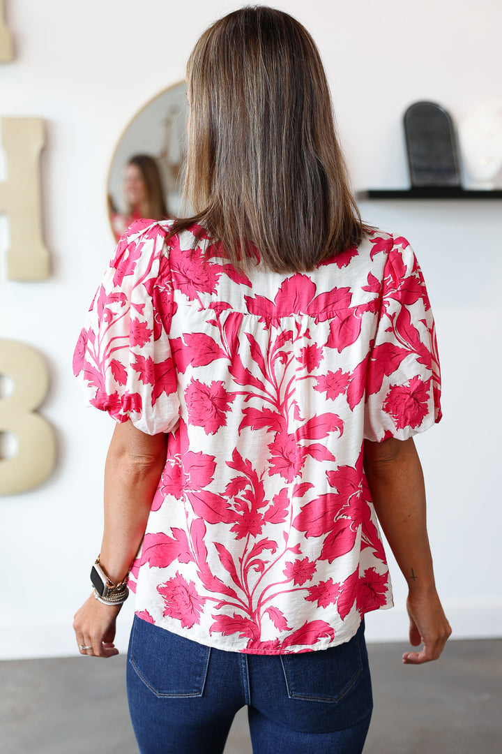 Button Front Printed Top - Dark Pink