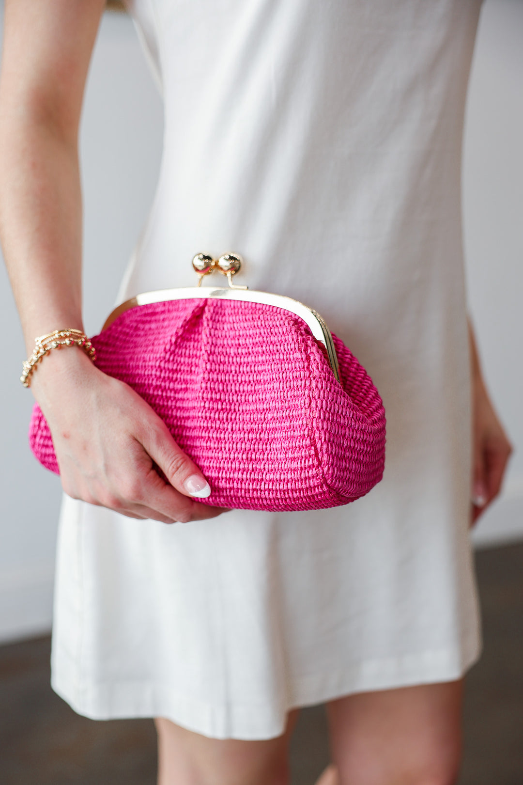 Genuine Italian Leather Raffia Clutch + Crossbody - Hot Pink