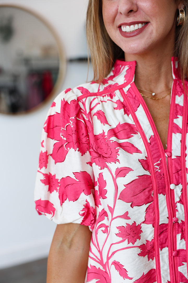 Button Front Printed Top - Dark Pink
