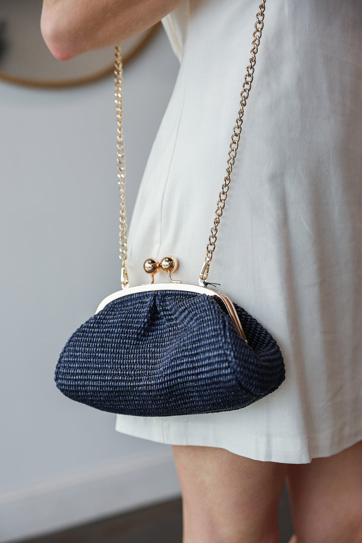 Genuine Italian Leather Raffia Clutch + Crossbody - Navy