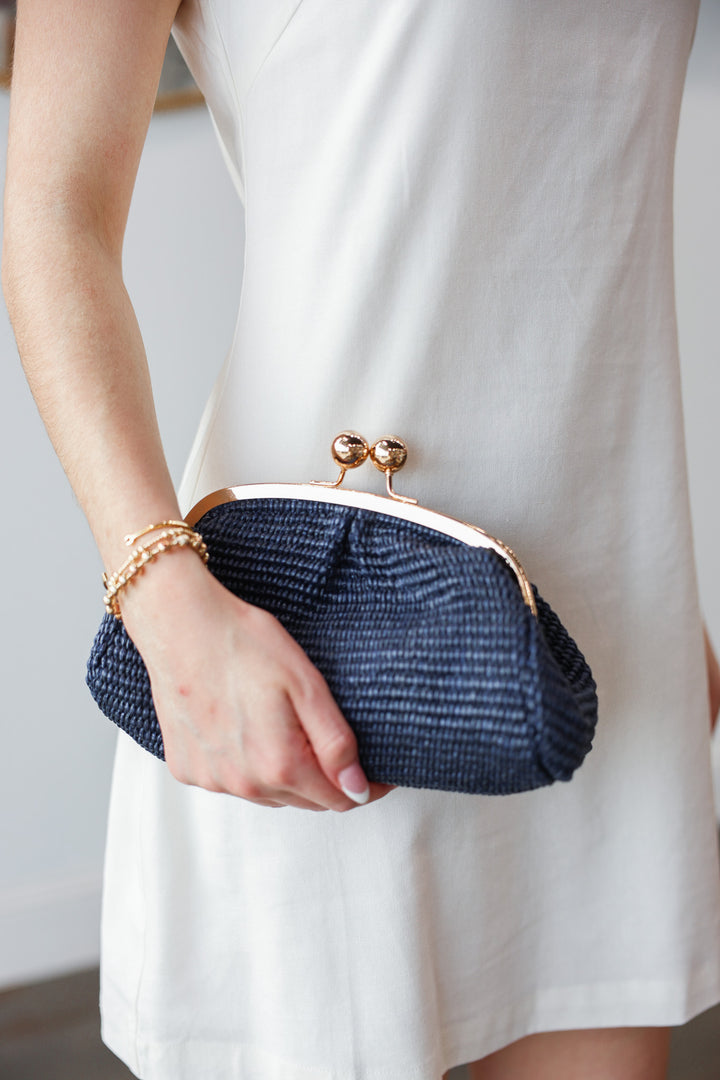 Genuine Italian Leather Raffia Clutch + Crossbody - Navy
