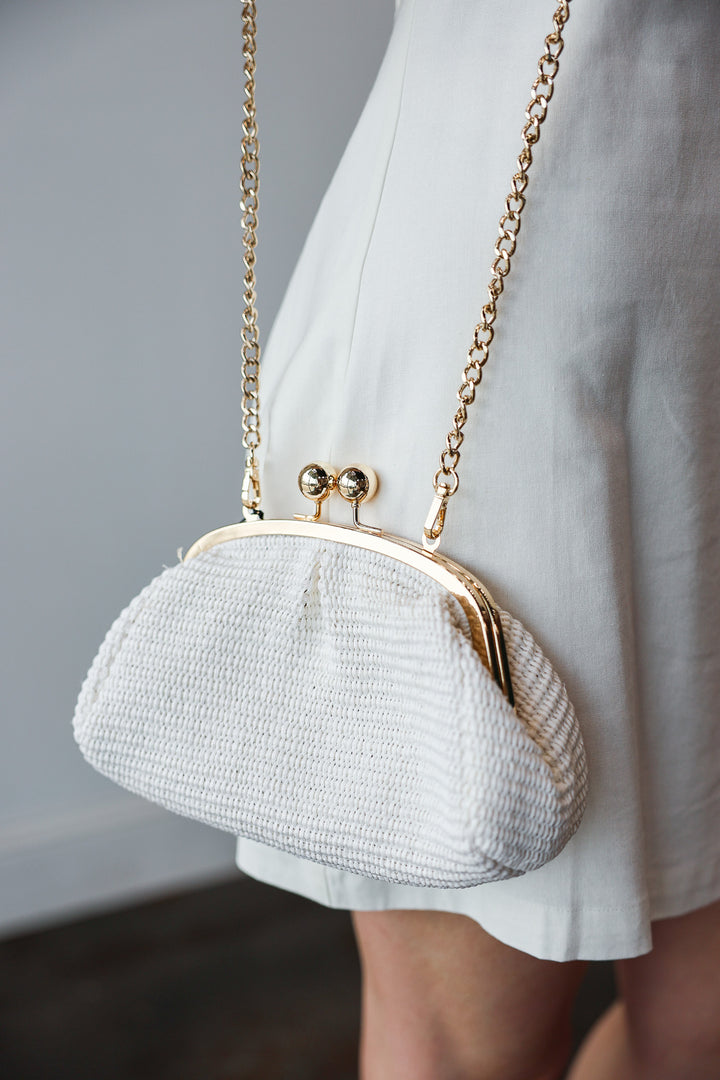 Genuine Italian Leather Raffia Clutch + Crossbody - White