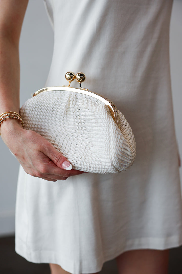 Genuine Italian Leather Raffia Clutch + Crossbody - White