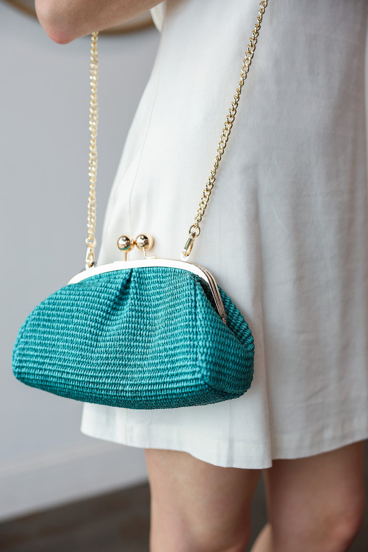 Genuine Italian Leather Raffia Clutch + Crossbody - Teal