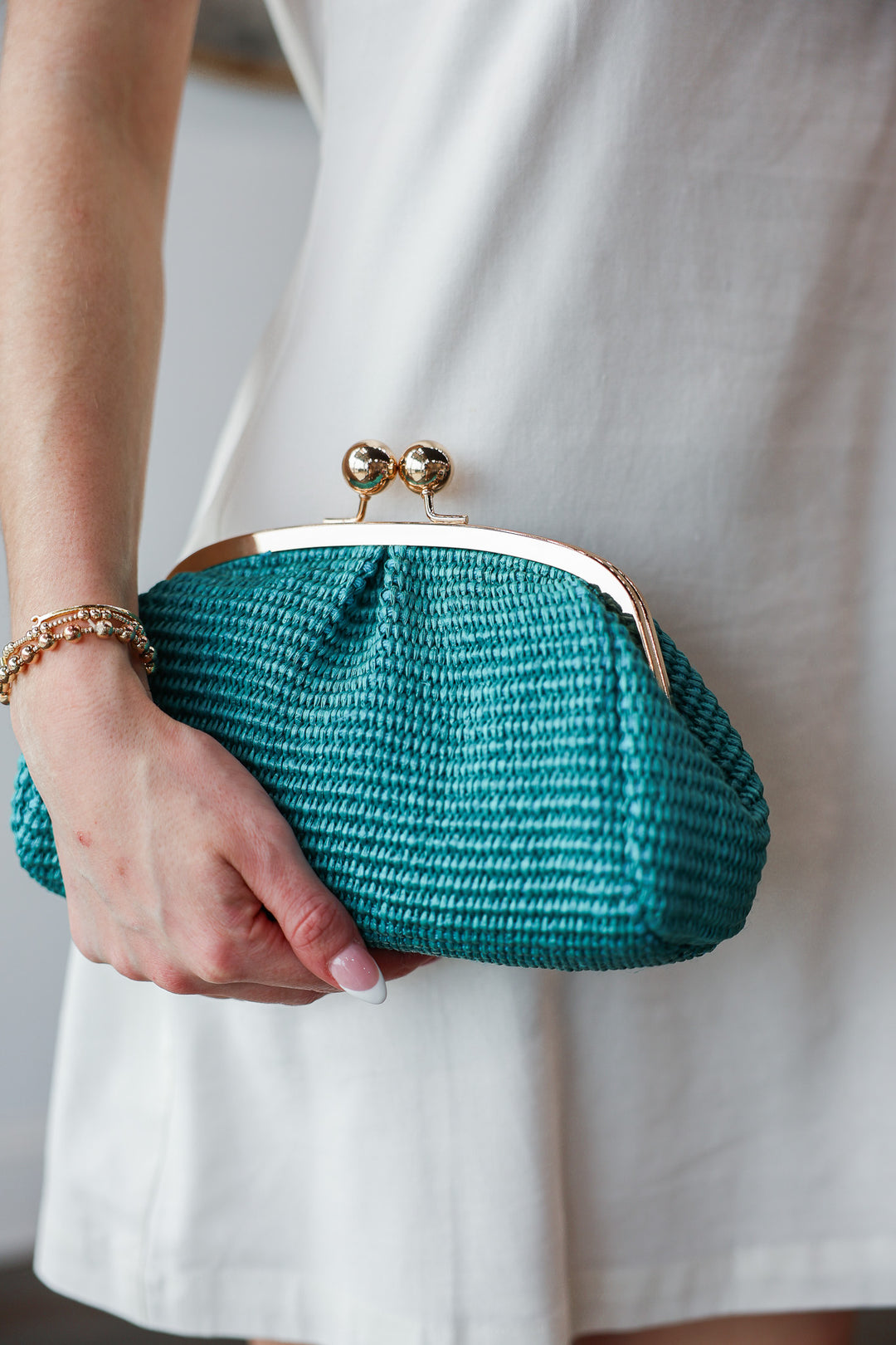Genuine Italian Leather Raffia Clutch + Crossbody - Teal