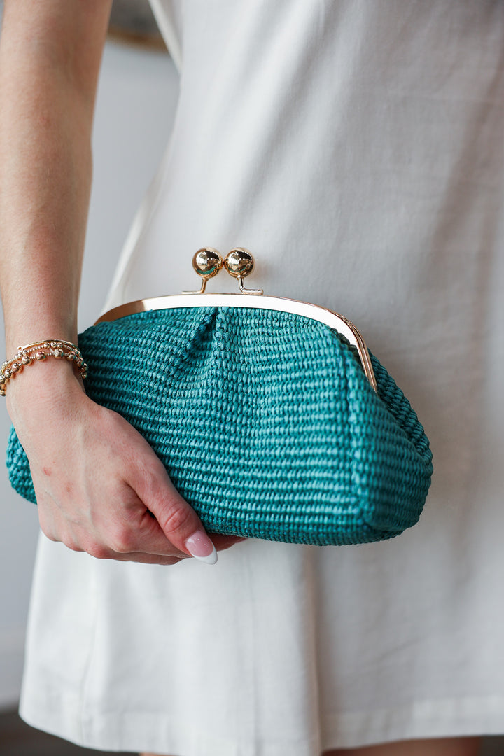Genuine Italian Leather Raffia Clutch + Crossbody - Teal