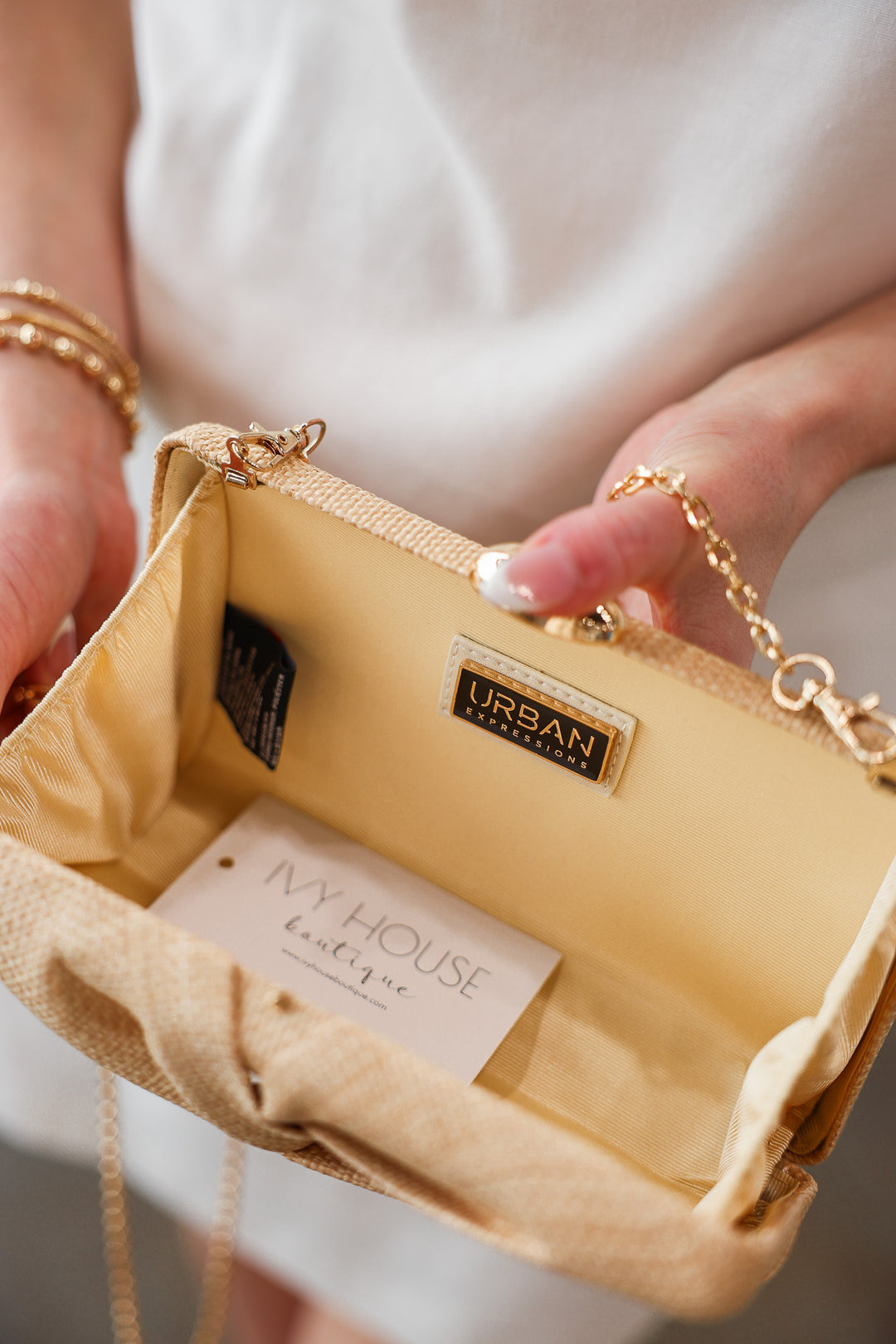 Straw Clutch With Chain Strap - Natural