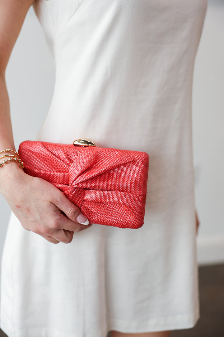 Straw Clutch With Chain Strap - Coral