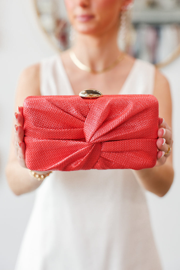Straw Clutch With Chain Strap - Coral