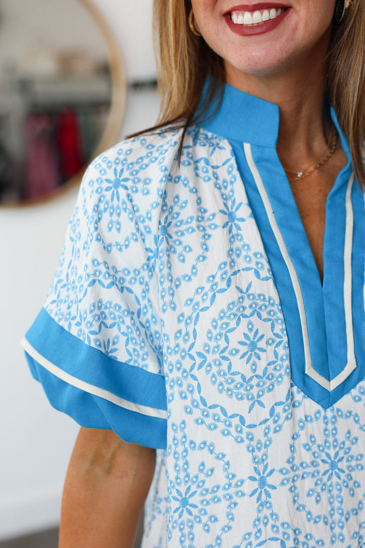 Border Trim Printed Top - Blue