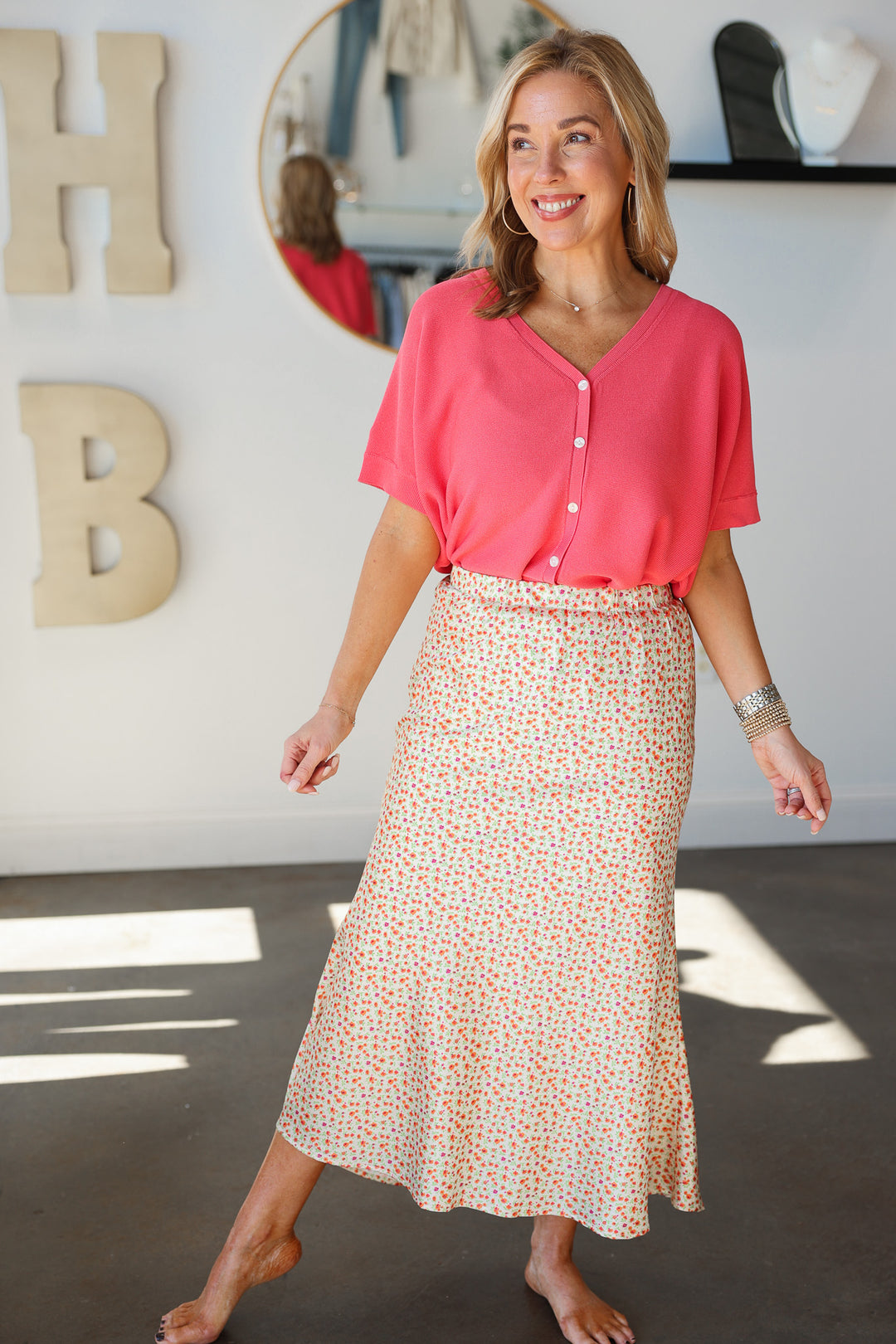 Floral Satin Midi Skirt - Sunkist