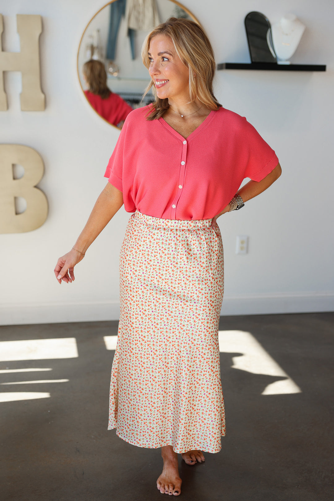 Floral Satin Midi Skirt - Sunkist