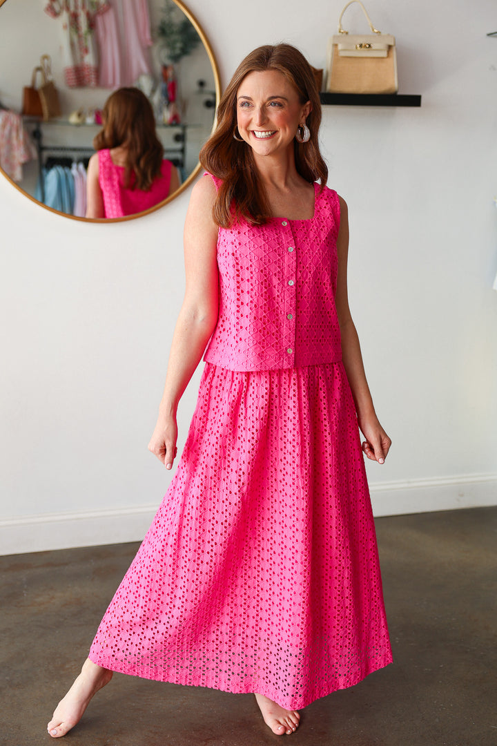 Button Front Eyelet Top - Pink