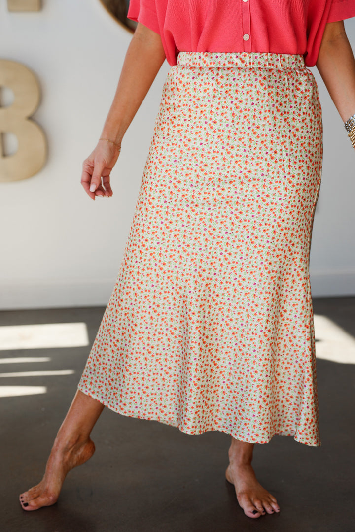 Floral Satin Midi Skirt - Sunkist