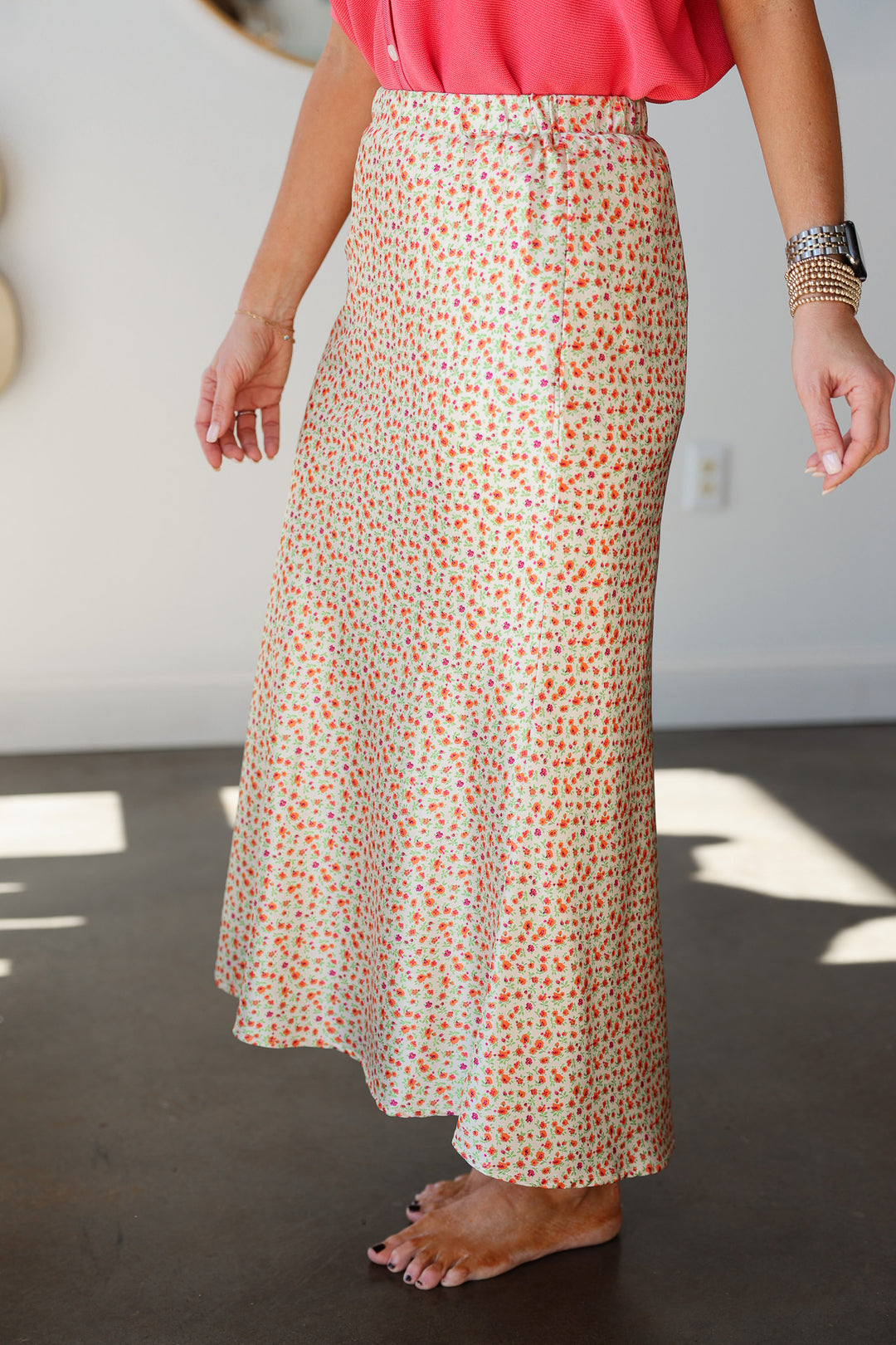 Floral Satin Midi Skirt - Sunkist