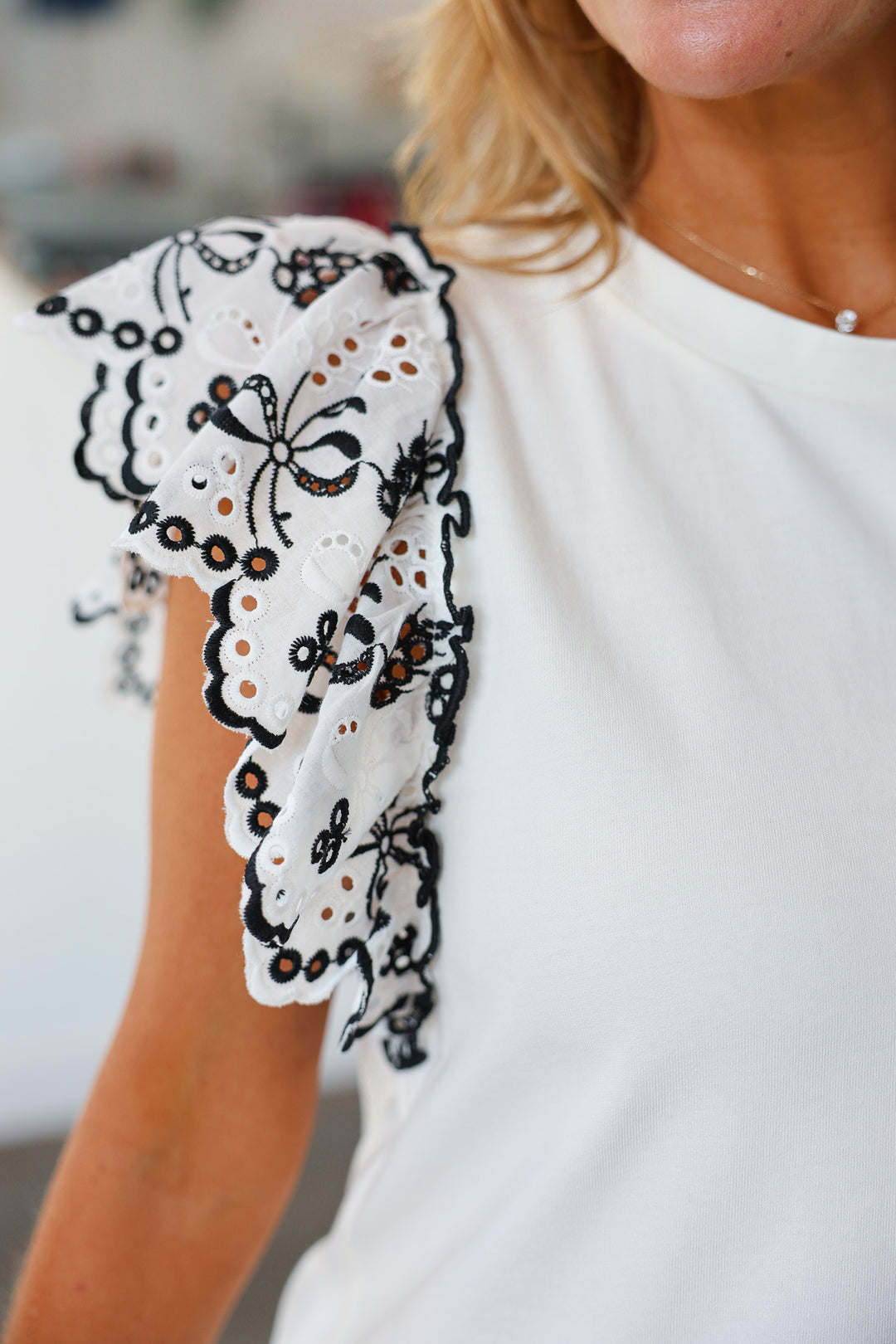 Eyelet Sleeve Top - White