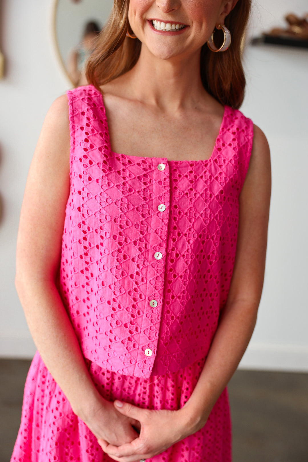 Button Front Eyelet Top - Pink