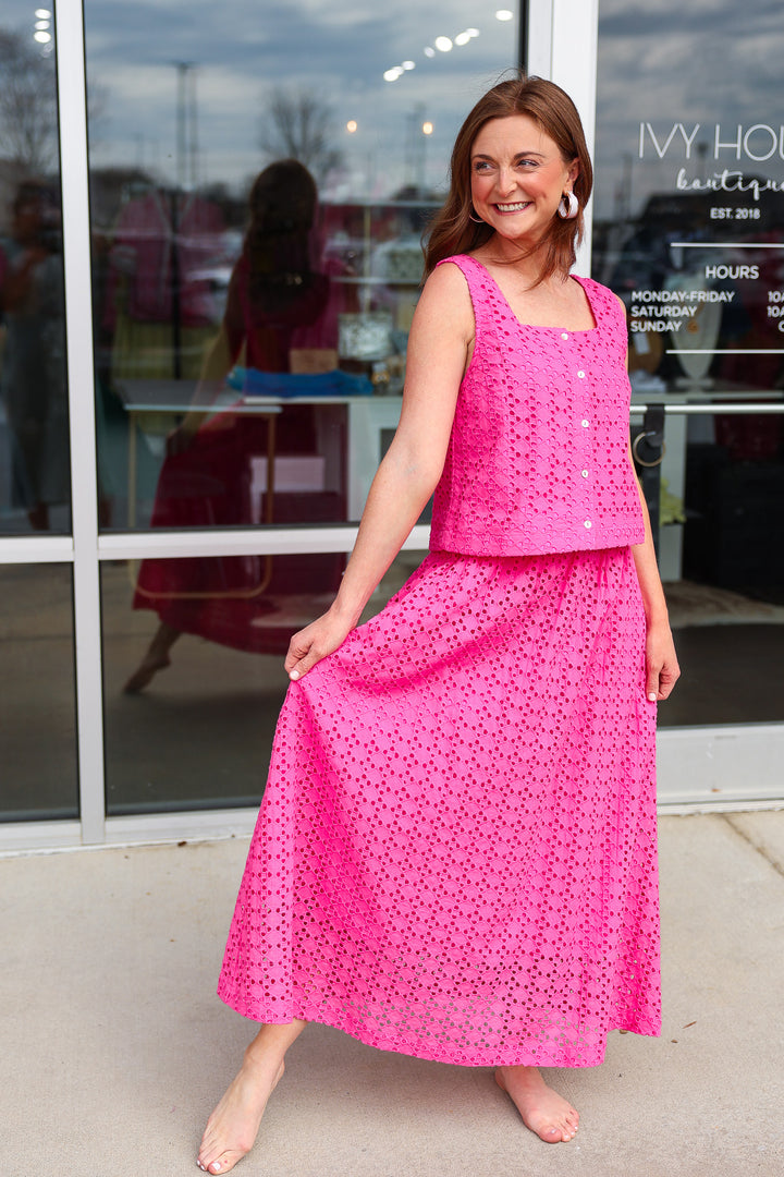 Eyelet Midi Skirt - Pink