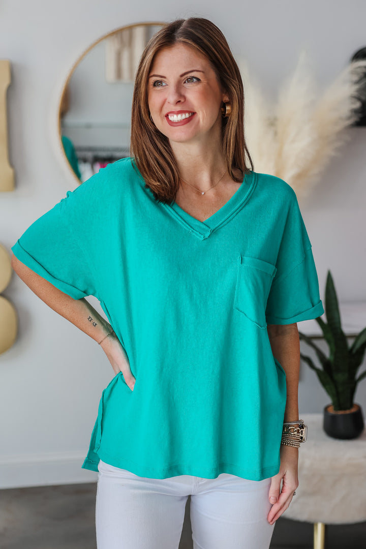 Oversized Raw Edge Top - Turquoise