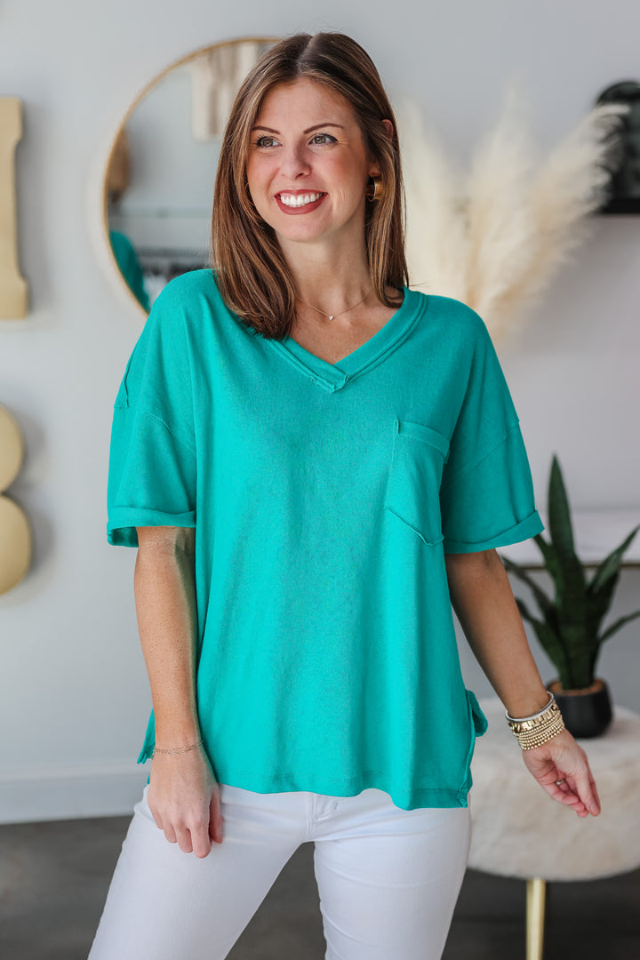 Oversized Raw Edge Top - Turquoise