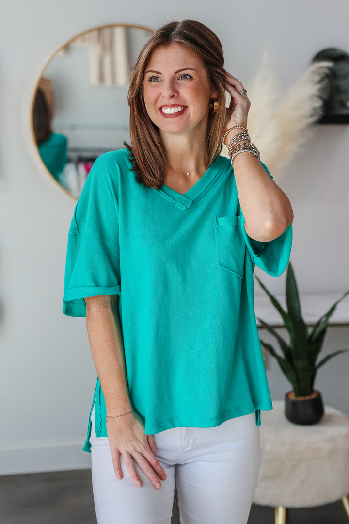 Oversized Raw Edge Top - Turquoise