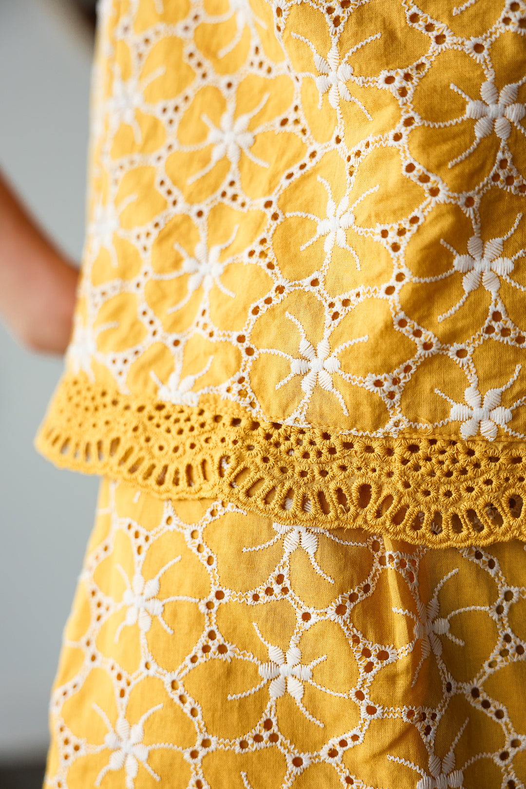 Embroidered Lace Trim Top - Yellow