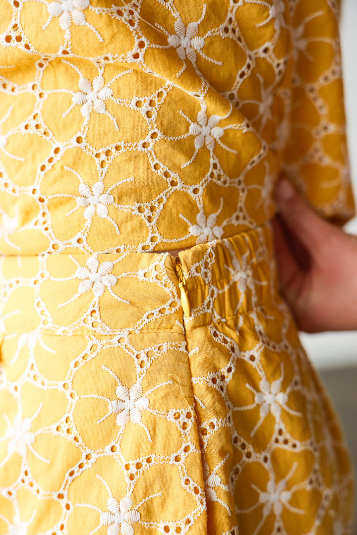 Embroidered Lace Trim Shorts - Yellow