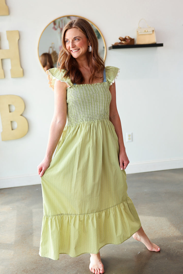 Ruffle Sleeve Smocked Dress - Green