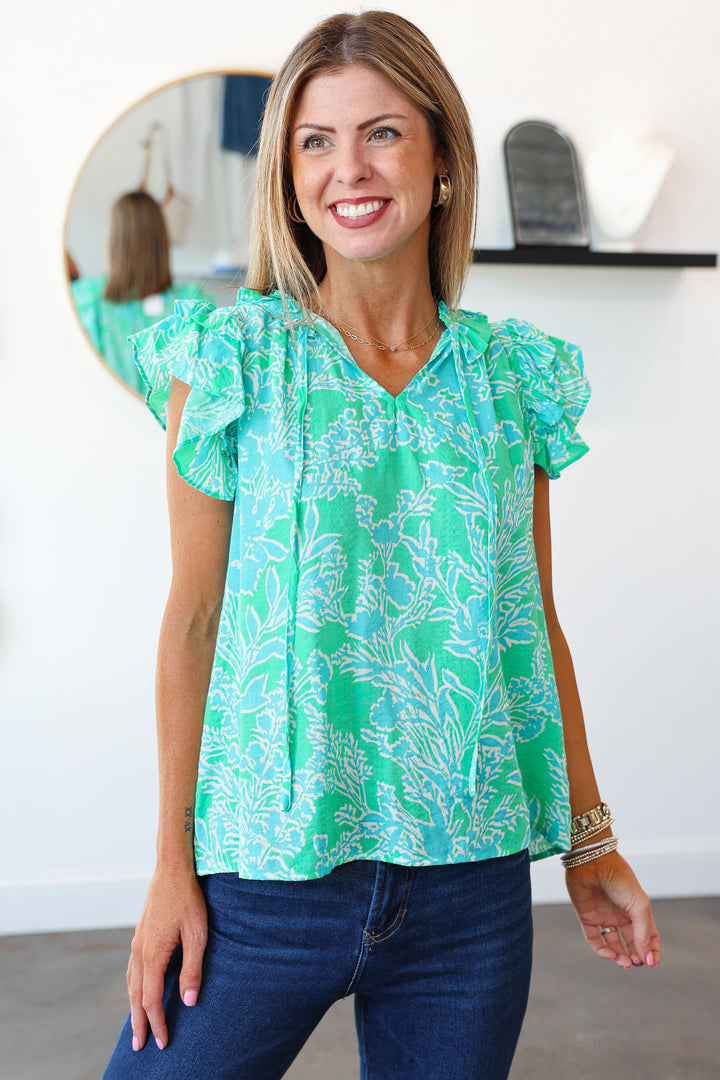 Ruffle Collar Floral Top - Green