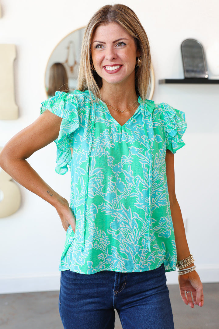 Ruffle Collar Floral Top - Green