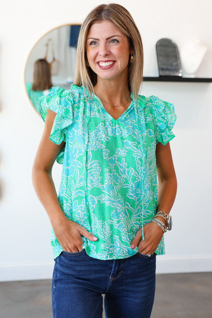 Ruffle Collar Floral Top - Green