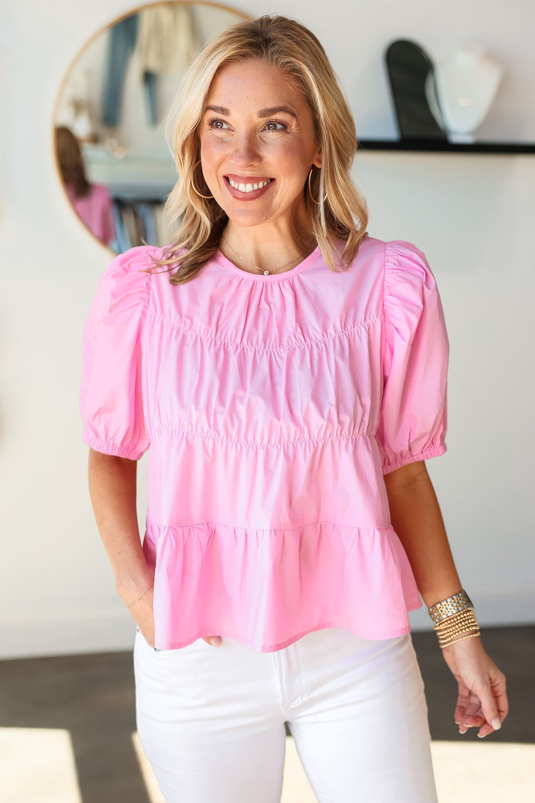 Front Detail Puff Sleeve Blouse - Pink