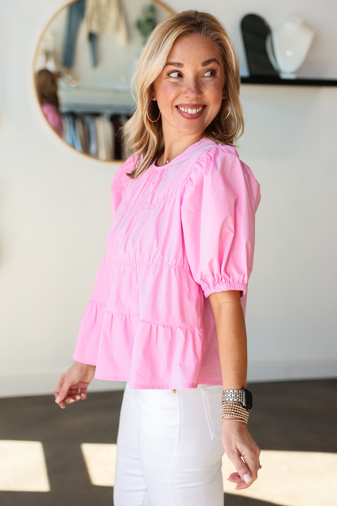 Front Detail Puff Sleeve Blouse - Pink