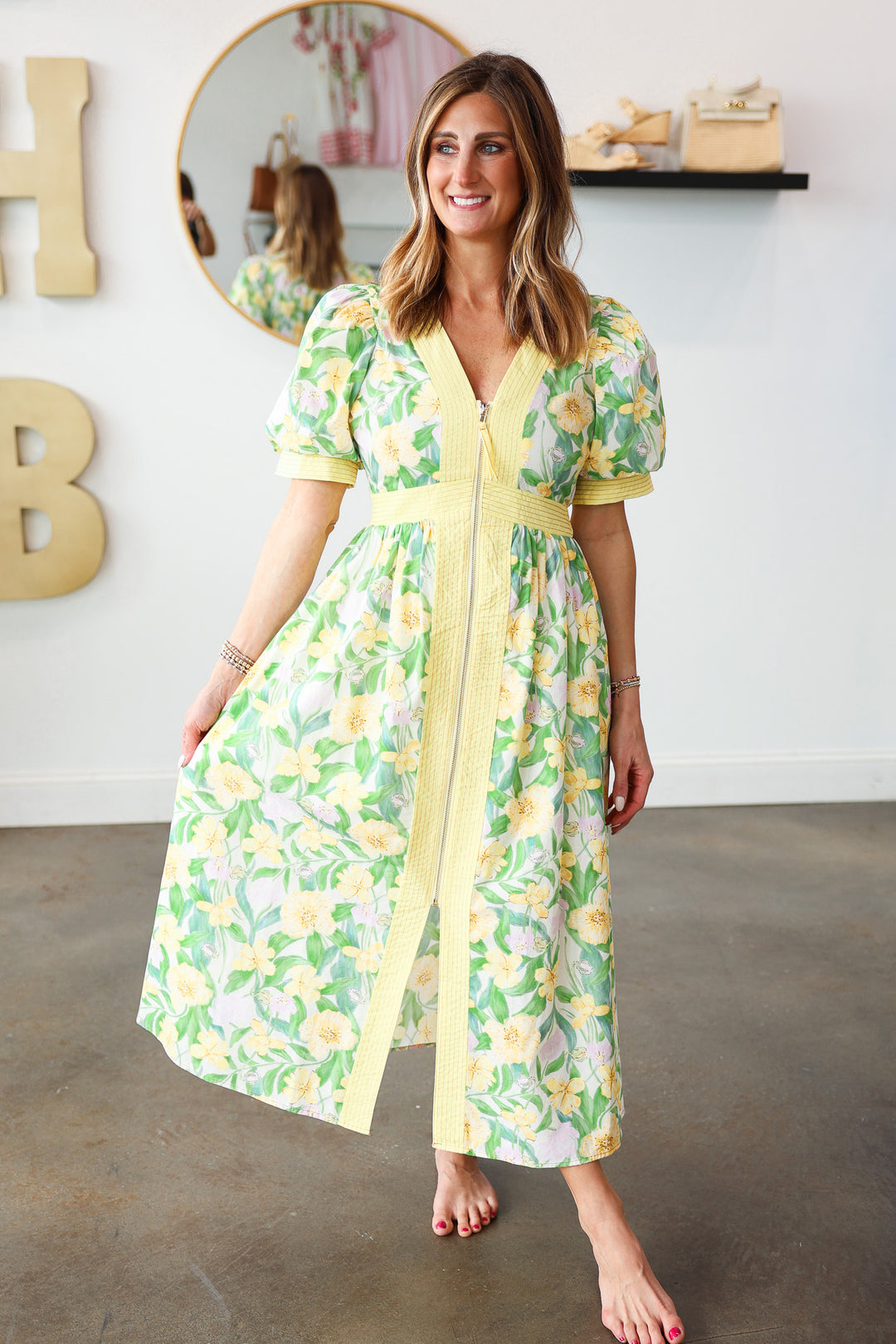 Front Zip Floral Dress - Yellow