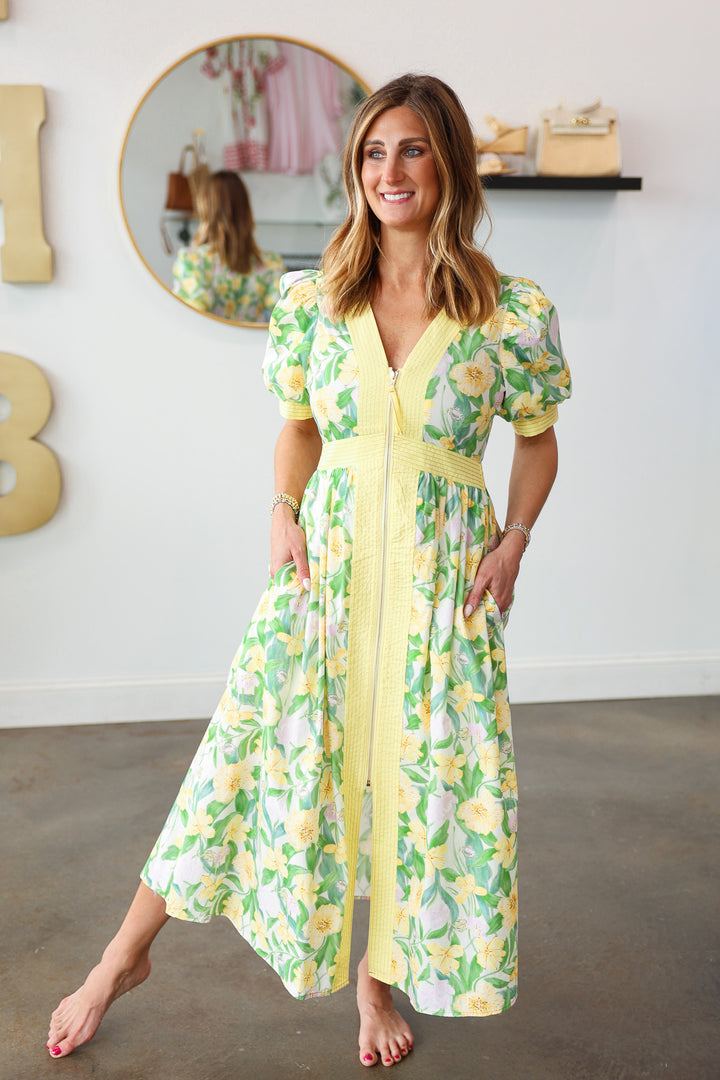 Front Zip Floral Dress - Yellow