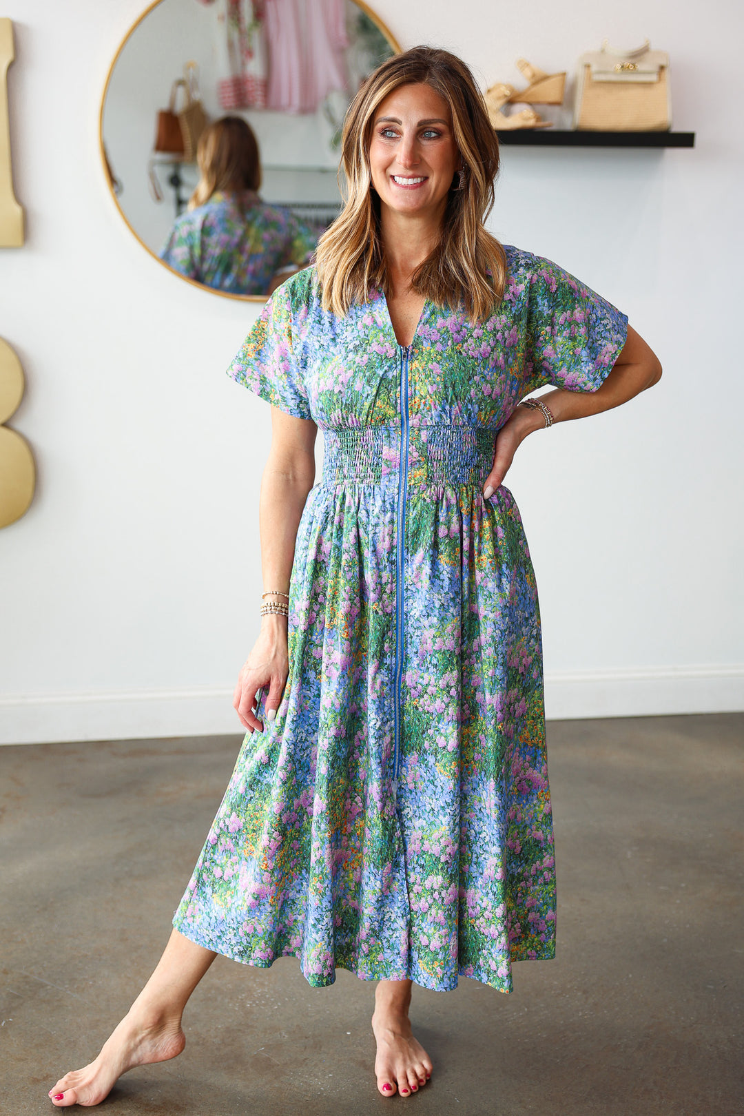 Smocked Waist Floral Dress - Blue