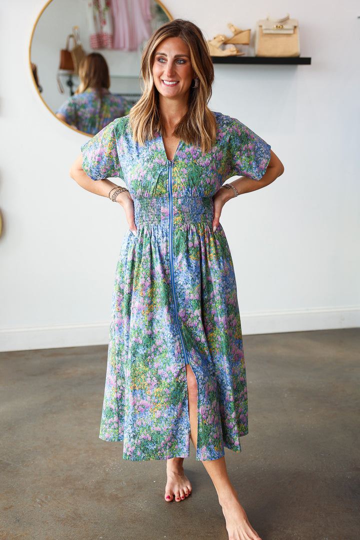 Smocked Waist Floral Dress - Blue