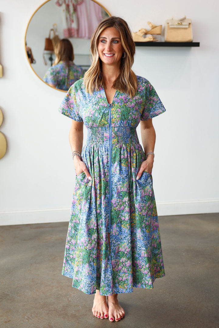 Smocked Waist Floral Dress - Blue