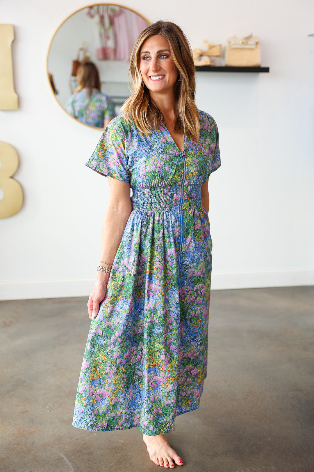 Smocked Waist Floral Dress - Blue