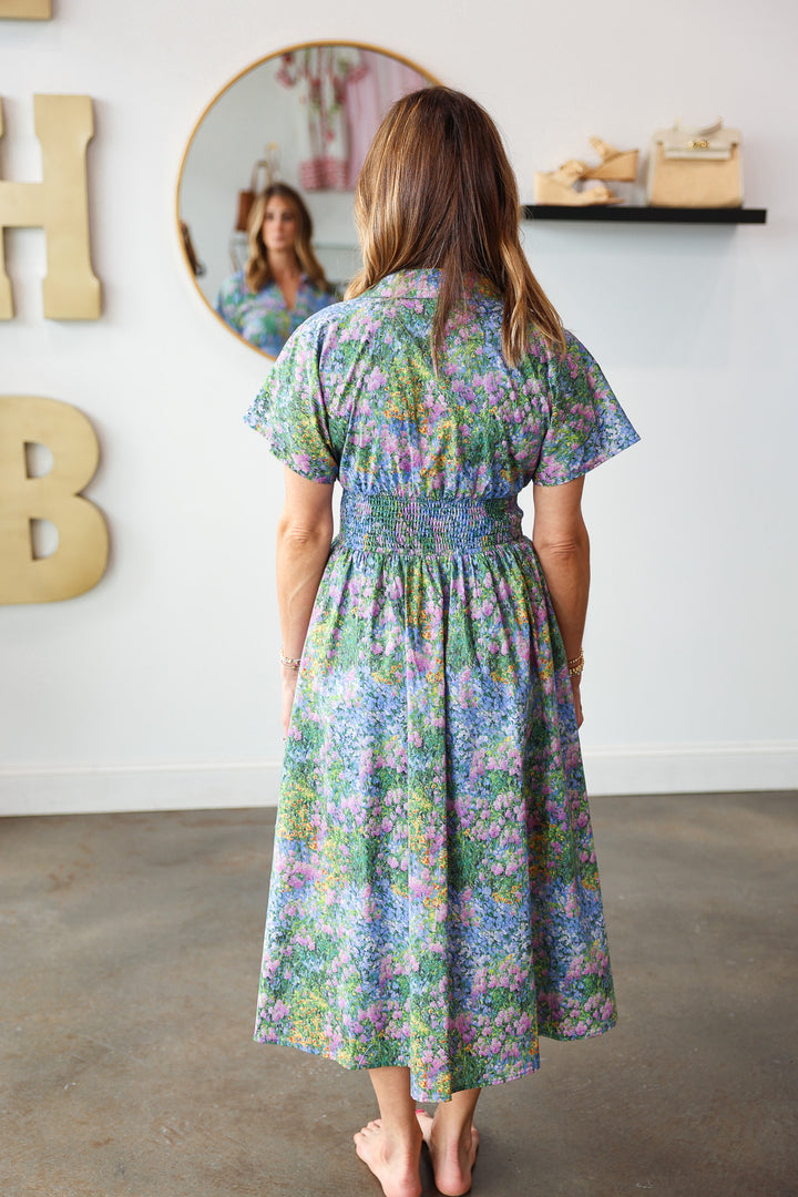 Smocked Waist Floral Dress - Blue
