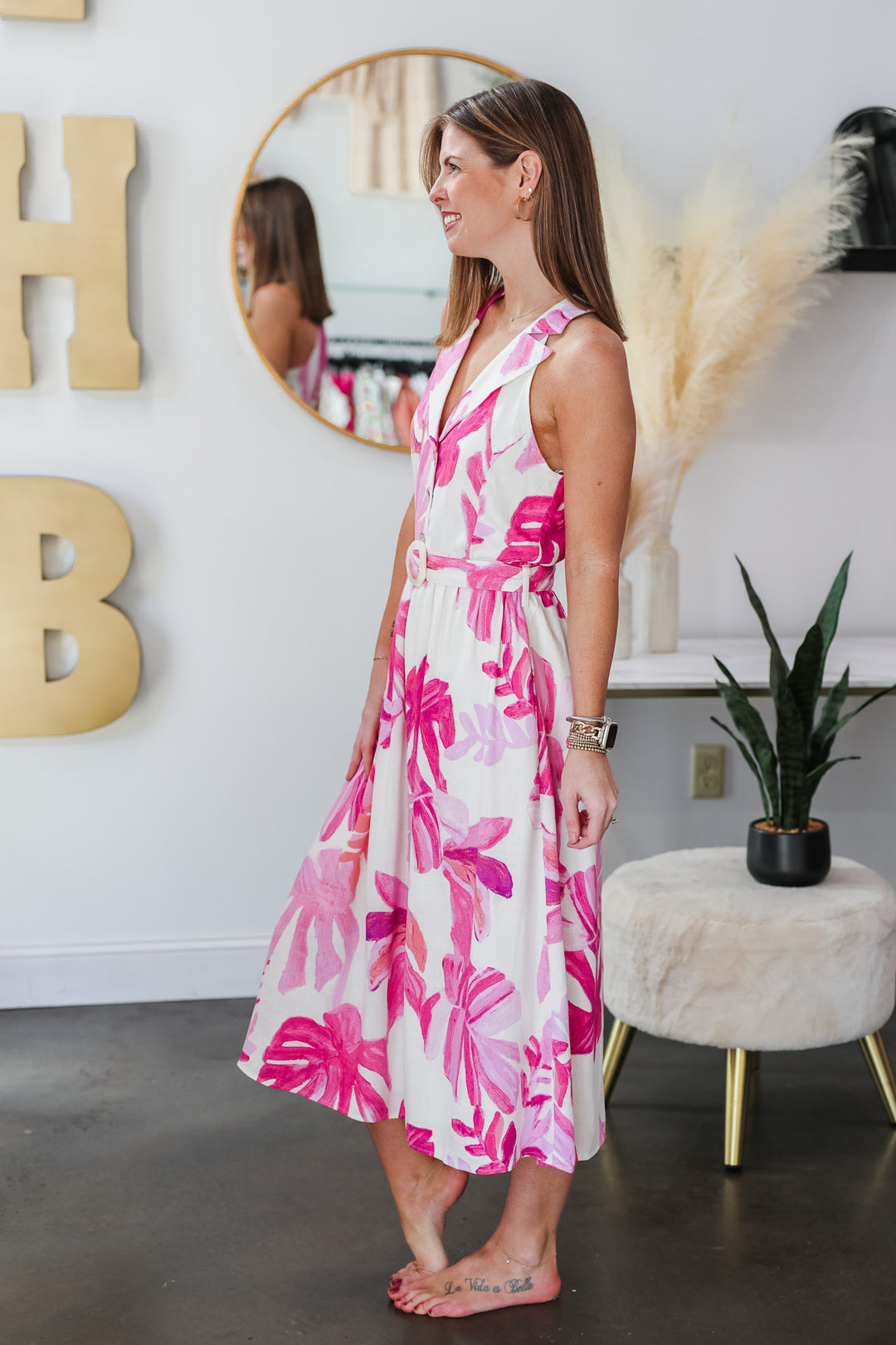 Tropical Print Belted Dress - White/Pink