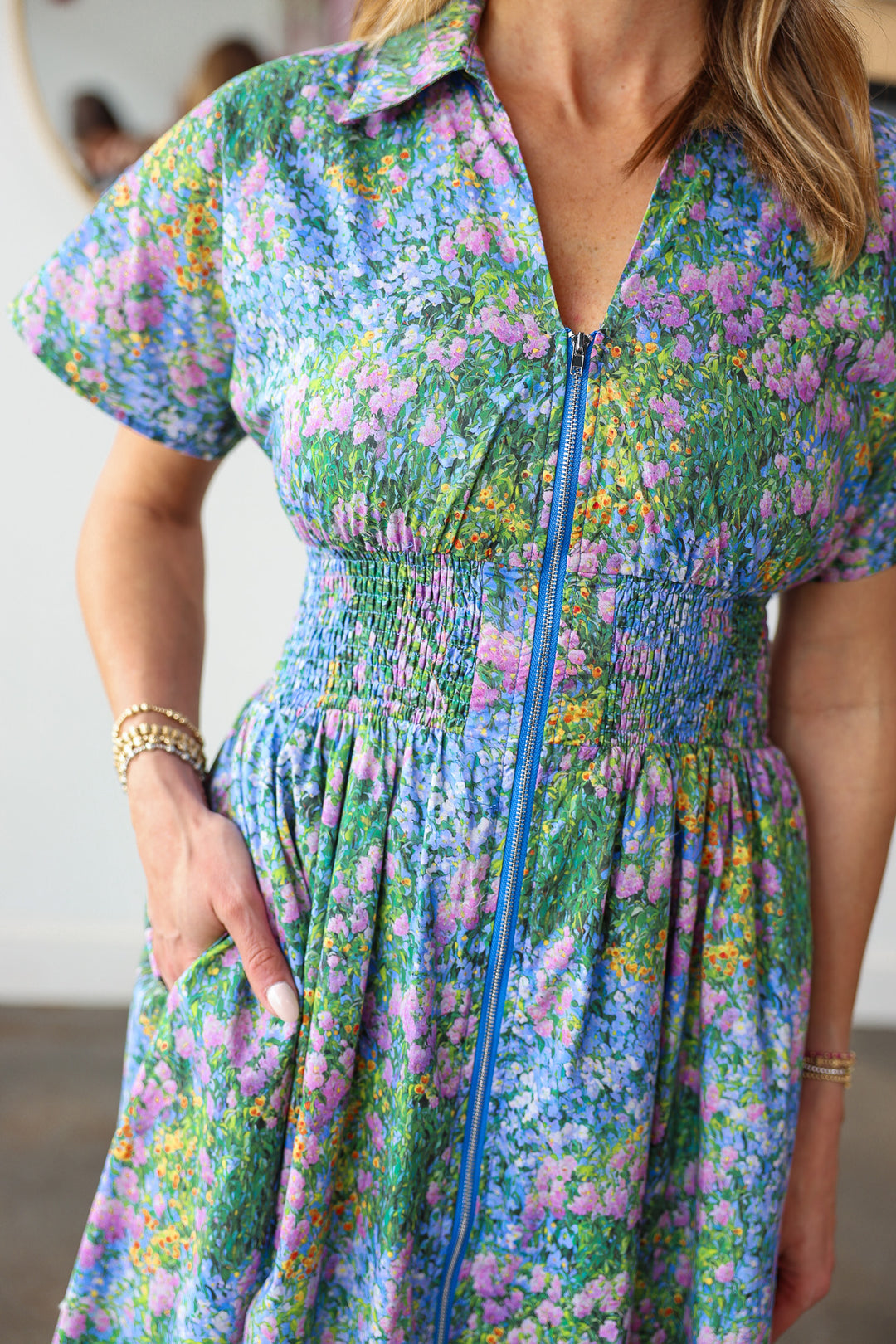 Smocked Waist Floral Dress - Blue