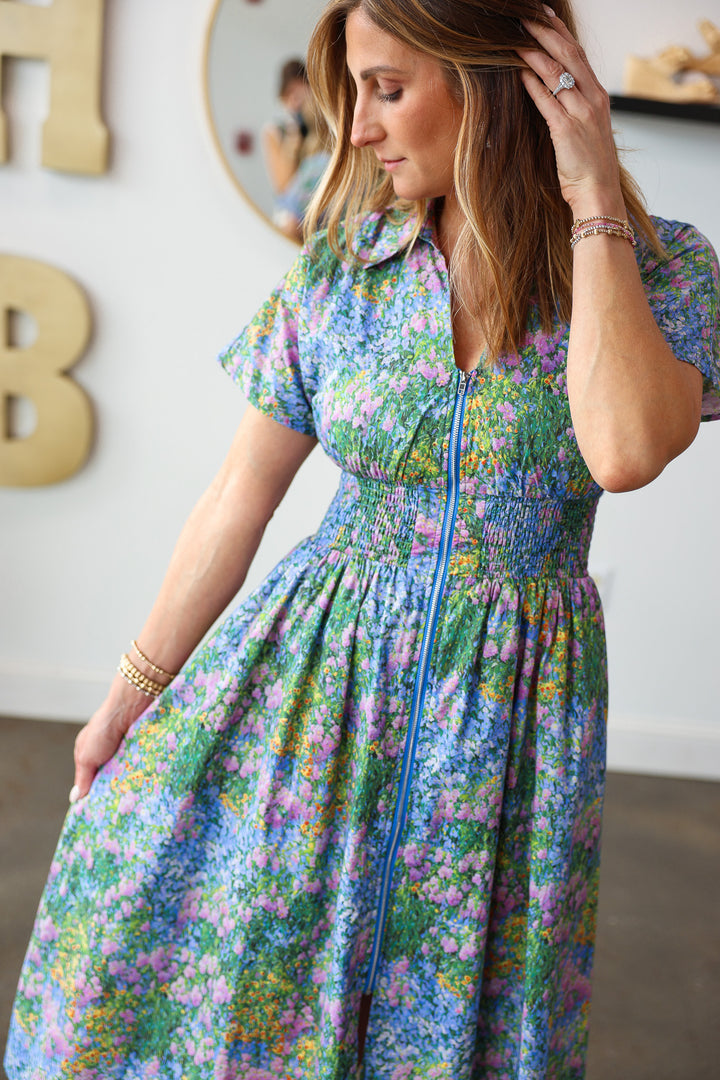 Smocked Waist Floral Dress - Blue