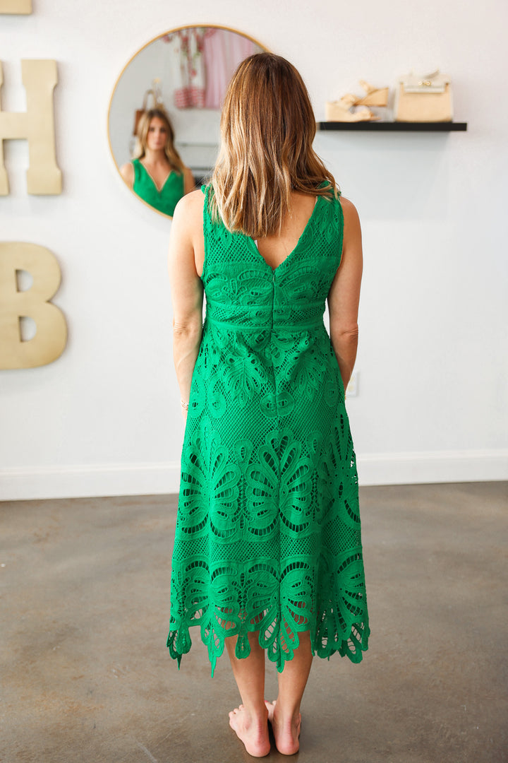 Lace Overlay Midi Dress - Green