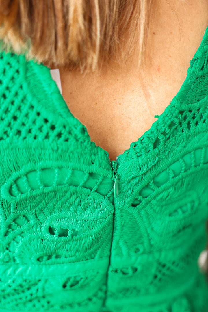 Lace Overlay Midi Dress - Green